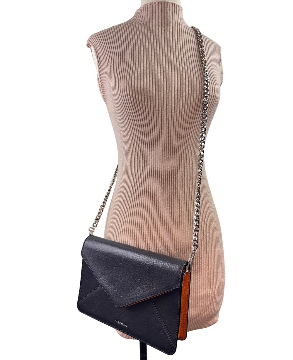 Acidchrome Handbag Black Camel Leather Magnetic Chain Strap Clutch Crossbody Bag